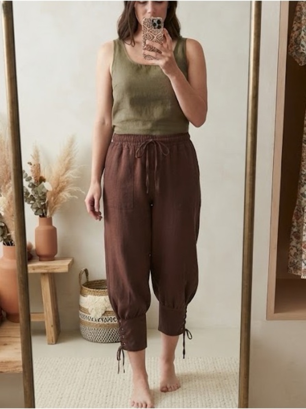 Brown Balloon Bloomer-style Pants with Lace up cuffs